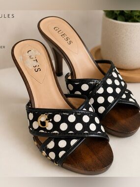 GUESS Black and White Polka Dot Slide Heels with Gold 'G' Accent